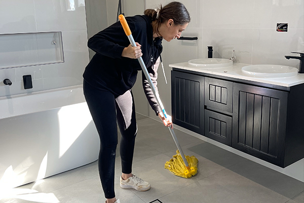 Professional post-construction cleaning in a modern kitchen in Sydney, ensuring a spotless finish after building work.
